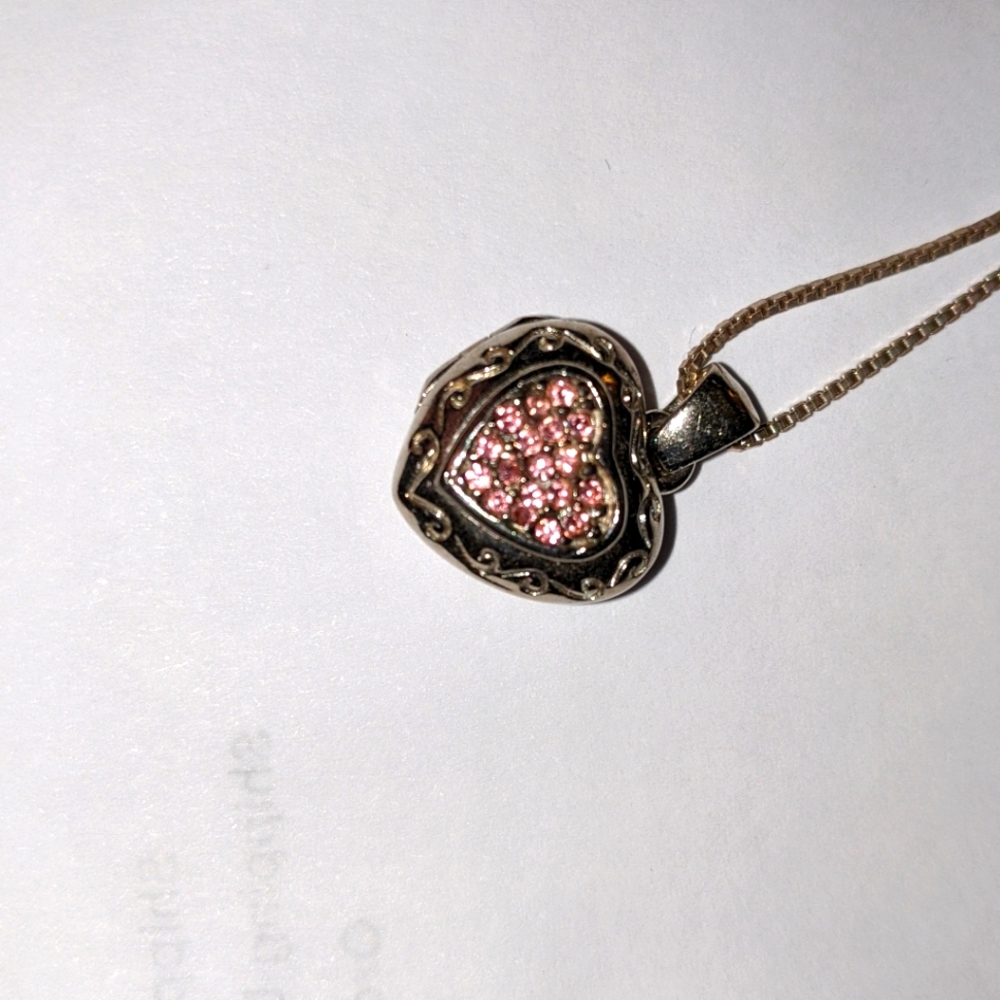Sterling silver puffy heart locket pink stones necklace